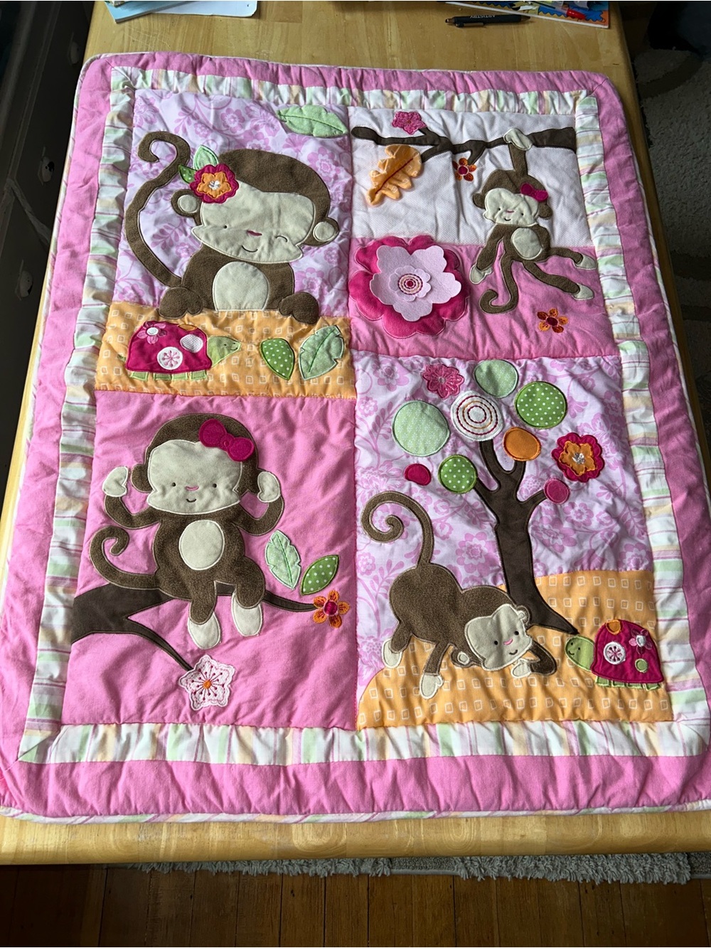 Vintage baby blanket comforter quilt pink girly monkey jungle kids line turtle